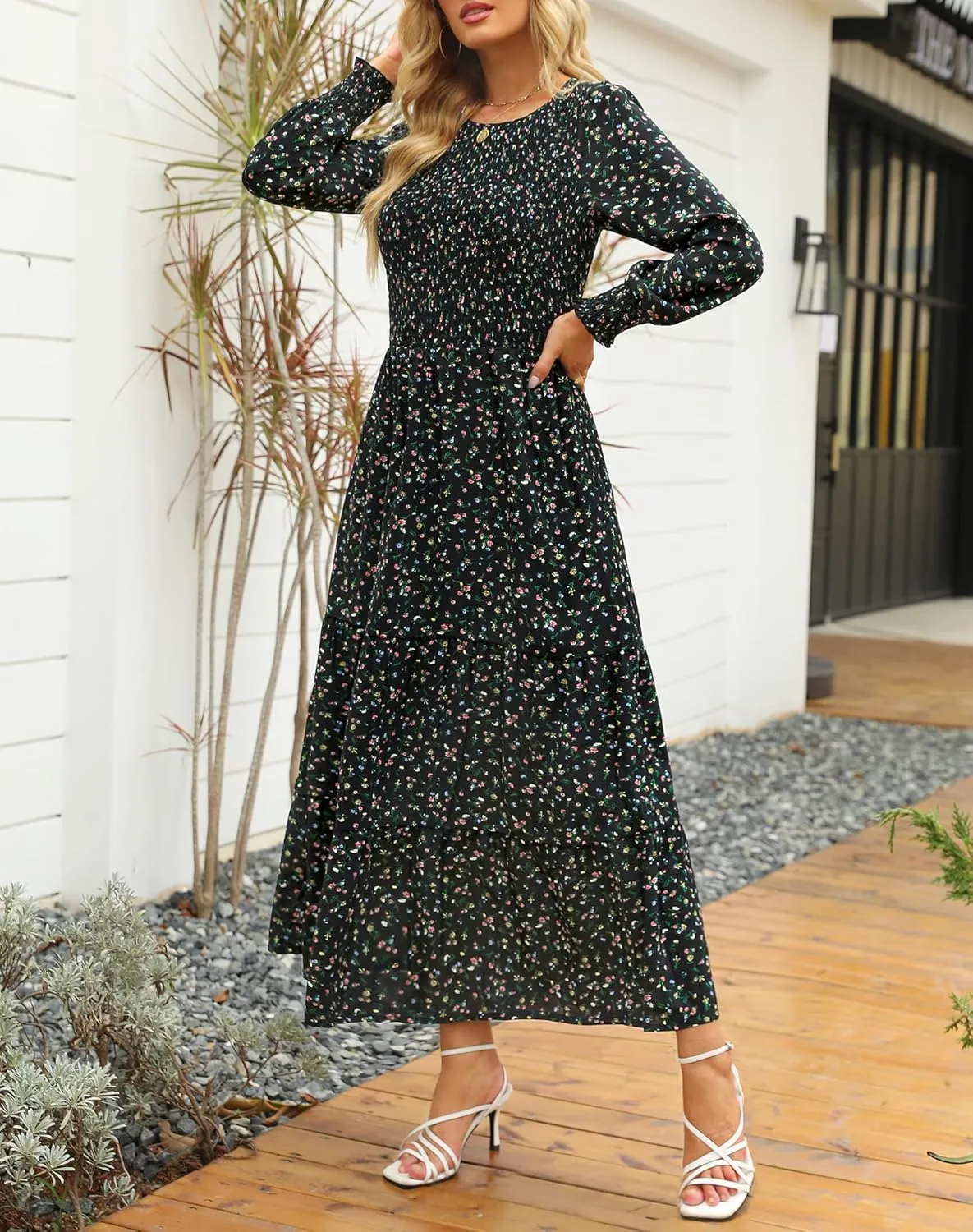 Annebouti Women's Spring Casual Long Sleeve Maxi Dress Boho Floral Smocked A-Line Modest Wedding Guest Long Dresses