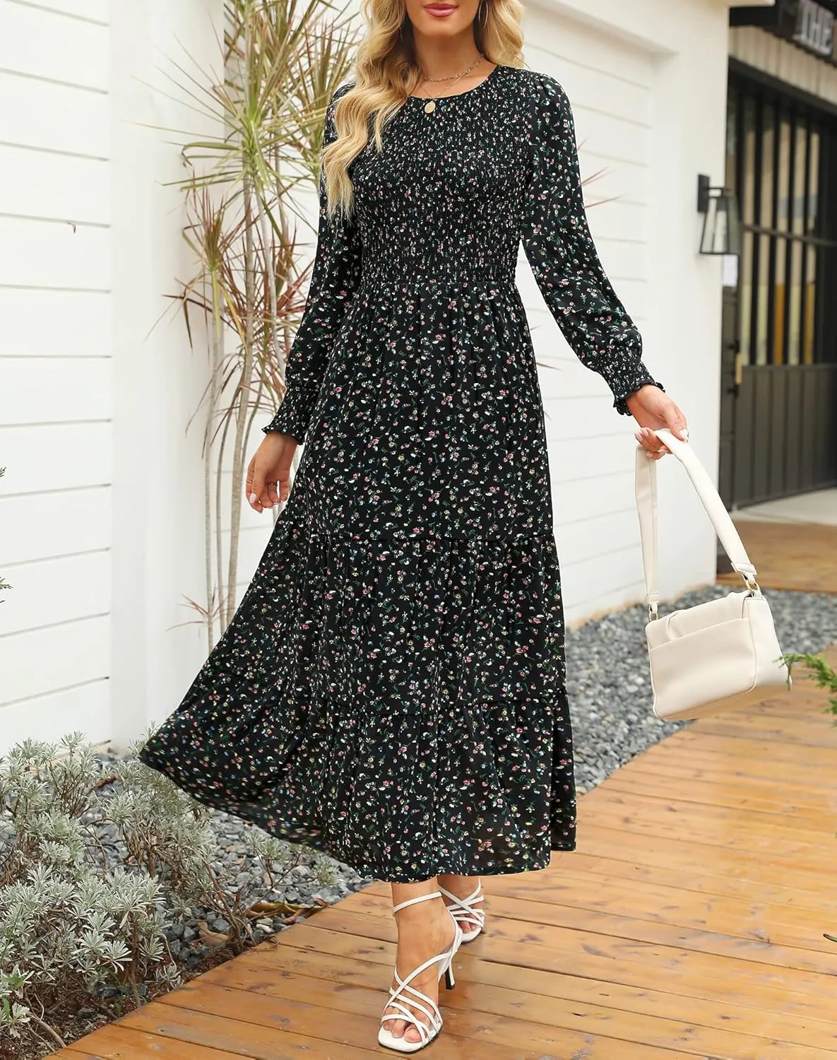 Annebouti Women's Spring Casual Long Sleeve Maxi Dress Boho Floral Smocked A-Line Modest Wedding Guest Long Dresses