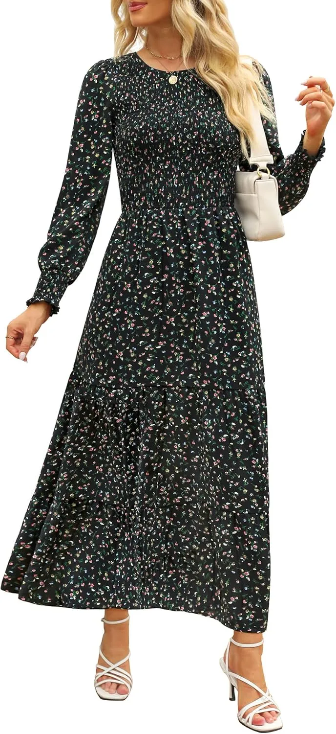Annebouti Women's Spring Casual Long Sleeve Maxi Dress Boho Floral Smocked A-Line Modest Wedding Guest Long Dresses