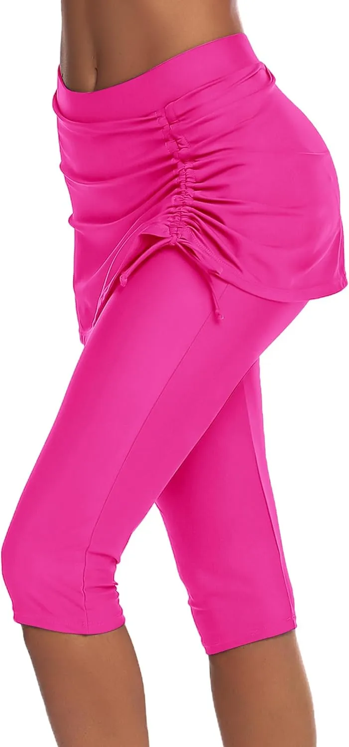 AOLRO Women Swim Capris Athletic Skirted Leggings Rash Guard Swimmig Pants Tummy Control Boardshorts S-XXL