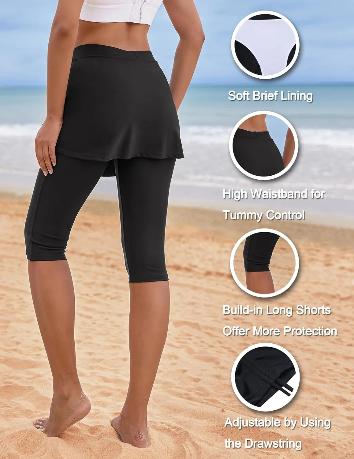 AOLRO Women Swim Capris Athletic Skirted Leggings Rash Guard Swimmig Pants Tummy Control Boardshorts S-XXL