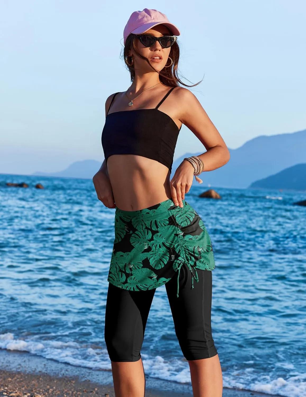 AOLRO Women Swim Capris Athletic Skirted Leggings Rash Guard Swimmig Pants Tummy Control Boardshorts S-XXL