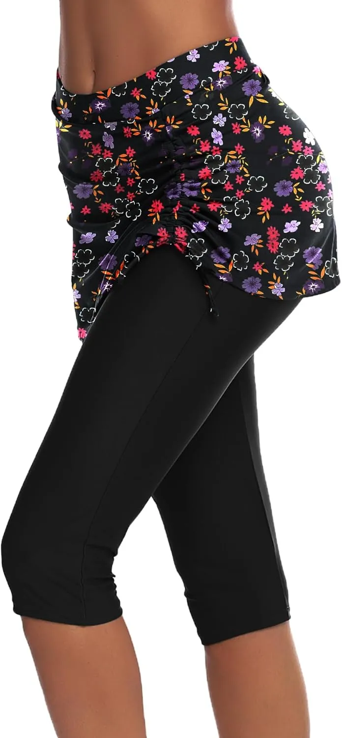 AOLRO Women Swim Capris Athletic Skirted Leggings Rash Guard Swimmig Pants Tummy Control Boardshorts S-XXL