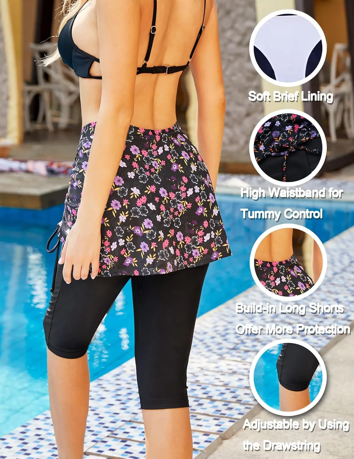 AOLRO Women Swim Capris Athletic Skirted Leggings Rash Guard Swimmig Pants Tummy Control Boardshorts S-XXL