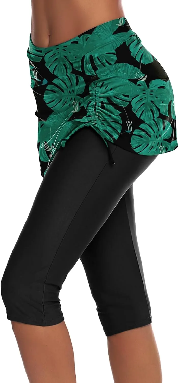 AOLRO Women Swim Capris Athletic Skirted Leggings Rash Guard Swimmig Pants Tummy Control Boardshorts S-XXL