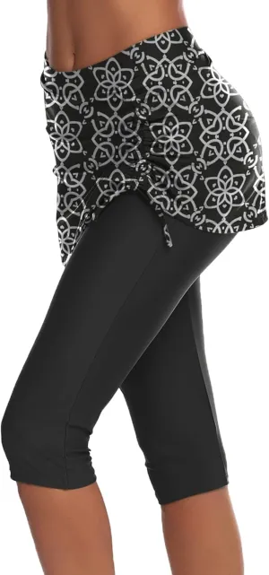AOLRO Women Swim Capris Athletic Skirted Leggings Rash Guard Swimmig Pants Tummy Control Boardshorts S-XXL