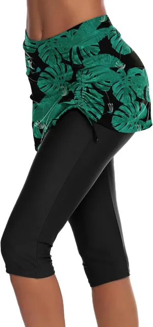 AOLRO Women Swim Capris Athletic Skirted Leggings Rash Guard Swimmig Pants Tummy Control Boardshorts S-XXL