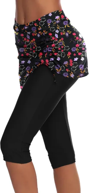 AOLRO Women Swim Capris Athletic Skirted Leggings Rash Guard Swimmig Pants Tummy Control Boardshorts S-XXL