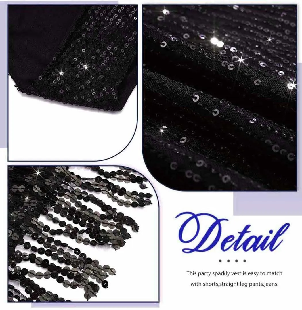 Asooll Fringe Sequin Vest Black Sparkly Jacket for Women