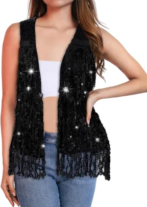 Asooll Fringe Sequin Vest Black Sparkly Jacket for Women