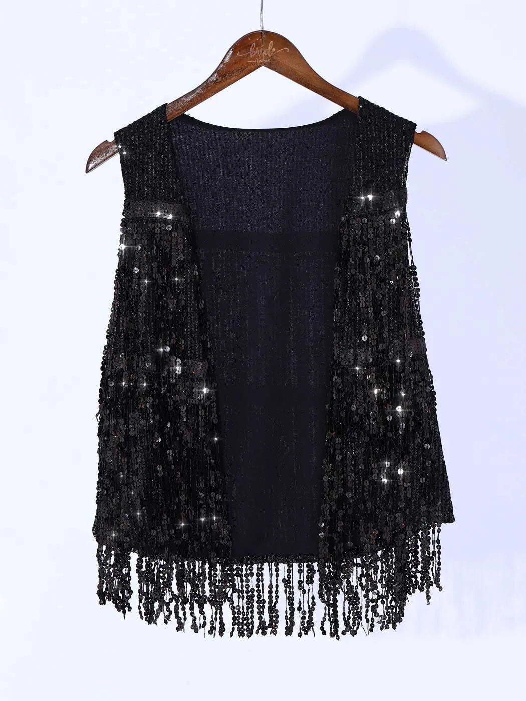Asooll Fringe Sequin Vest Black Sparkly Jacket for Women