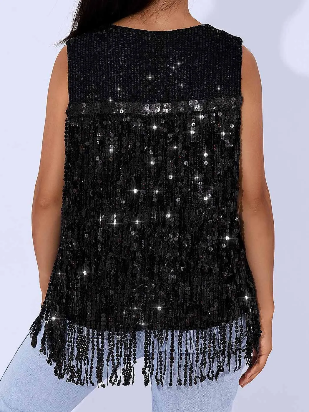 Asooll Fringe Sequin Vest Black Sparkly Jacket for Women
