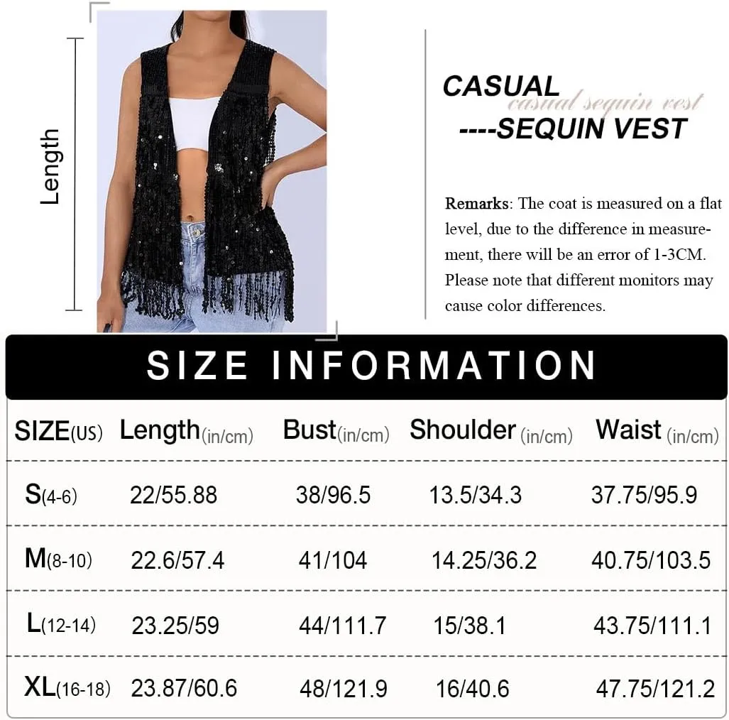 Asooll Fringe Sequin Vest Black Sparkly Jacket for Women