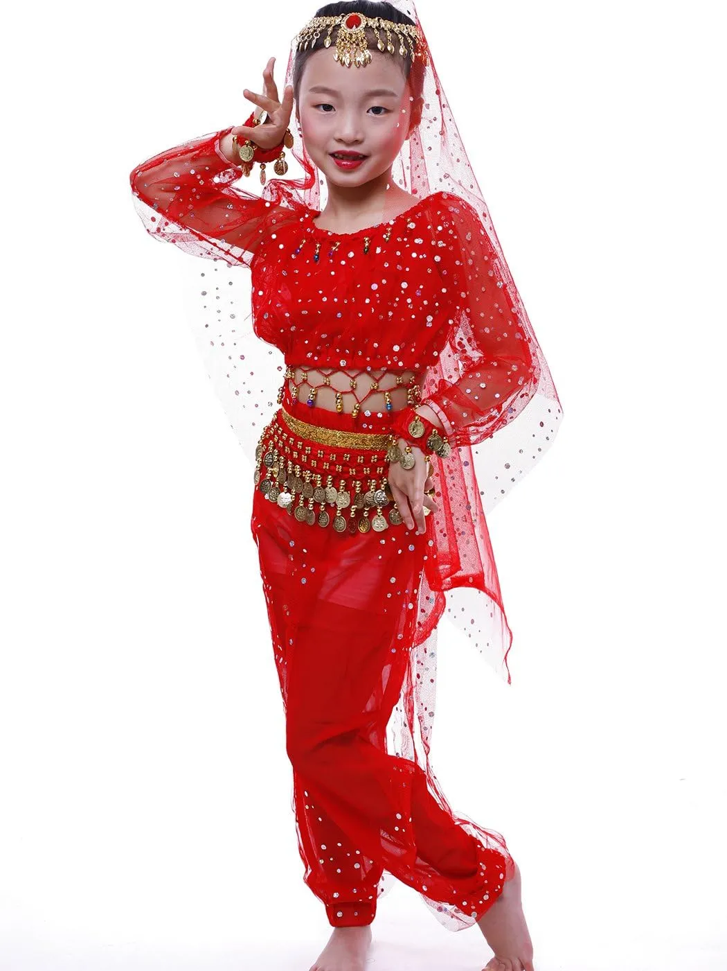 Astage Girl`S Belly Dance Costumes,Long Sleeve Highlights Top,Pants