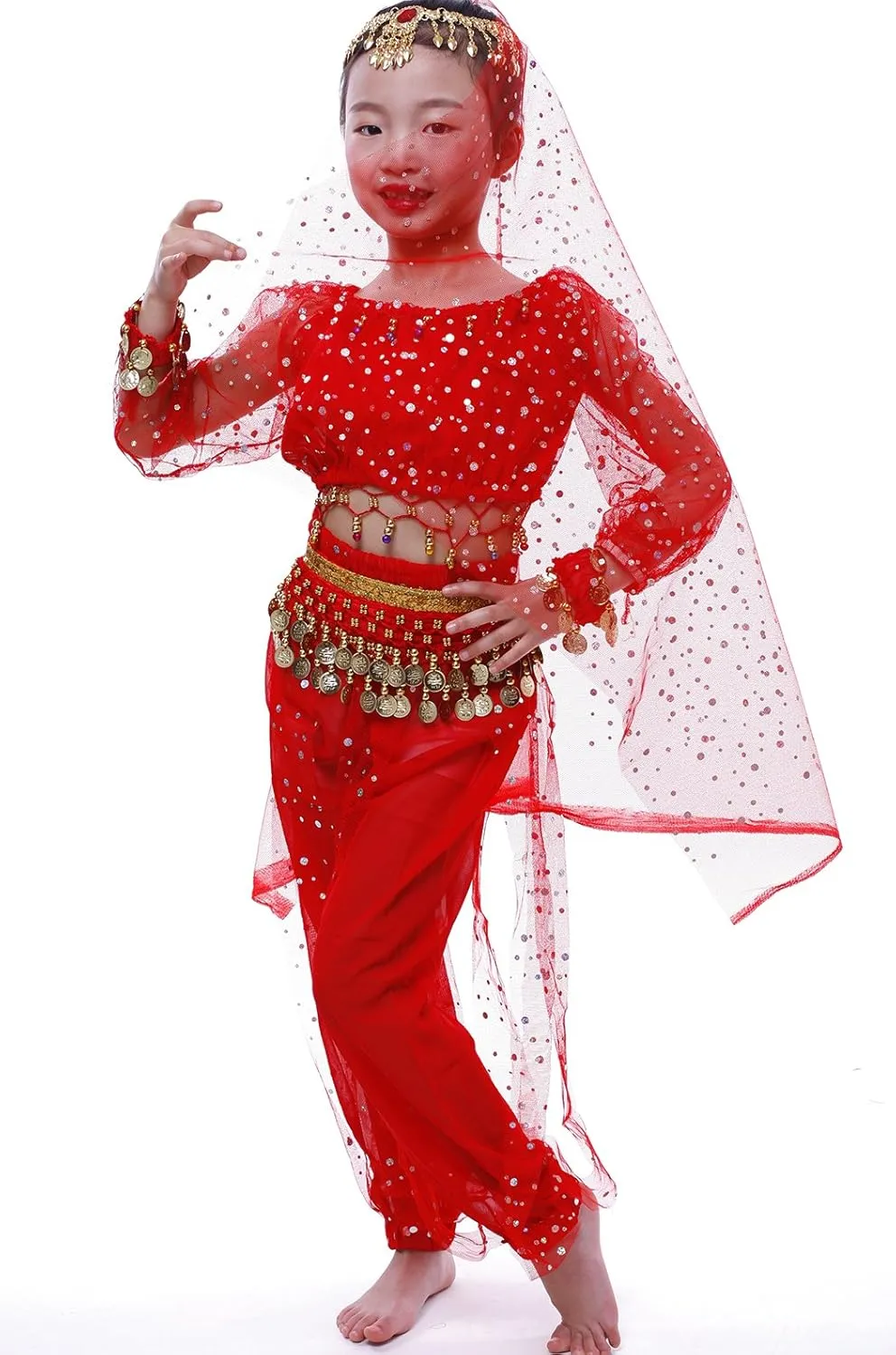 Astage Girl`S Belly Dance Costumes,Long Sleeve Highlights Top,Pants