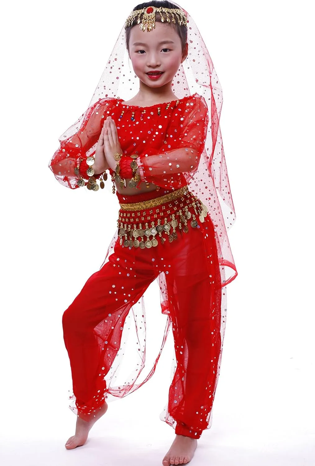Astage Girl`S Belly Dance Costumes,Long Sleeve Highlights Top,Pants