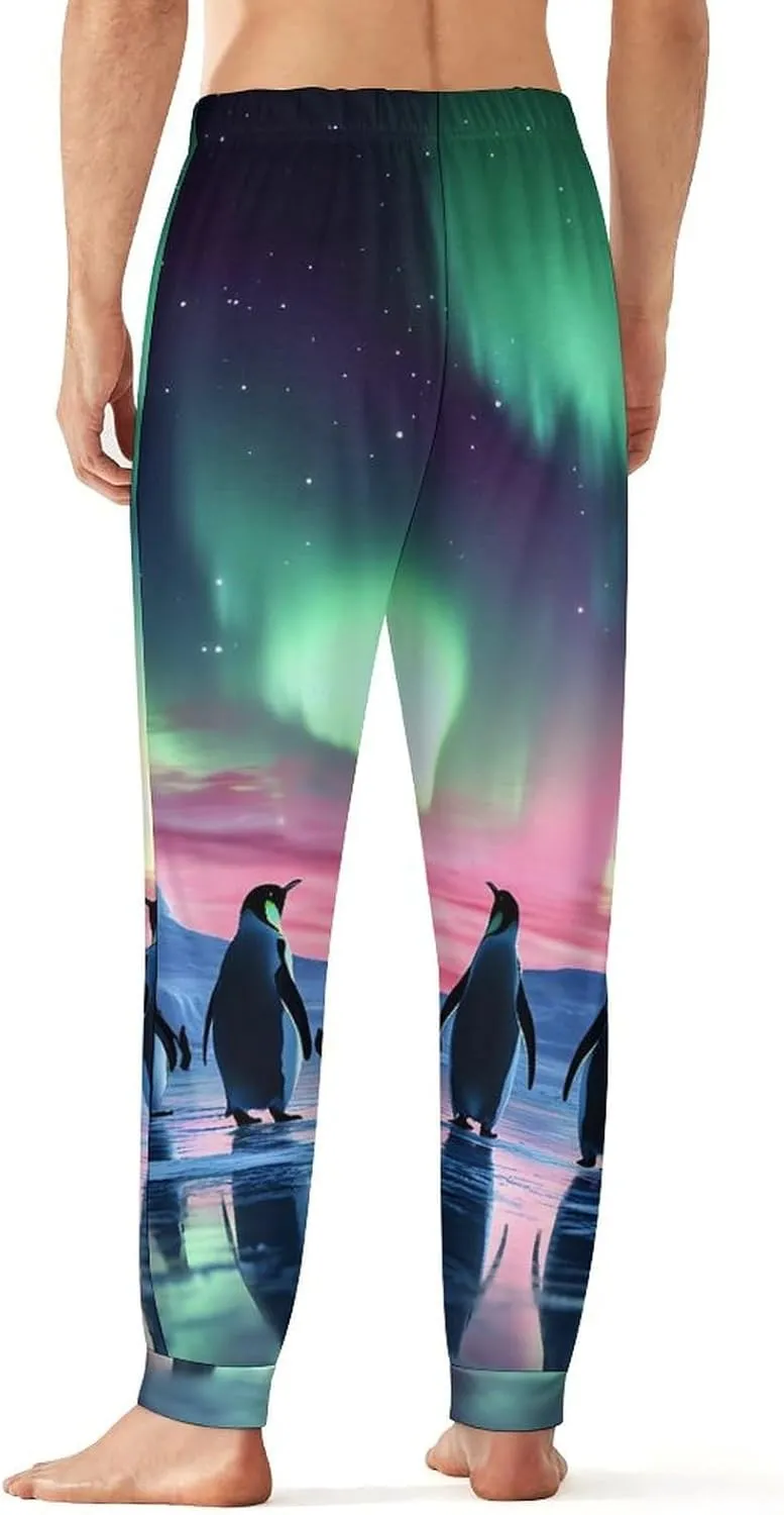Aurora Borealis Cute Penguin Men's Pajama Pants Soft Lounge Bottoms Casual Sleepwear Loungewear