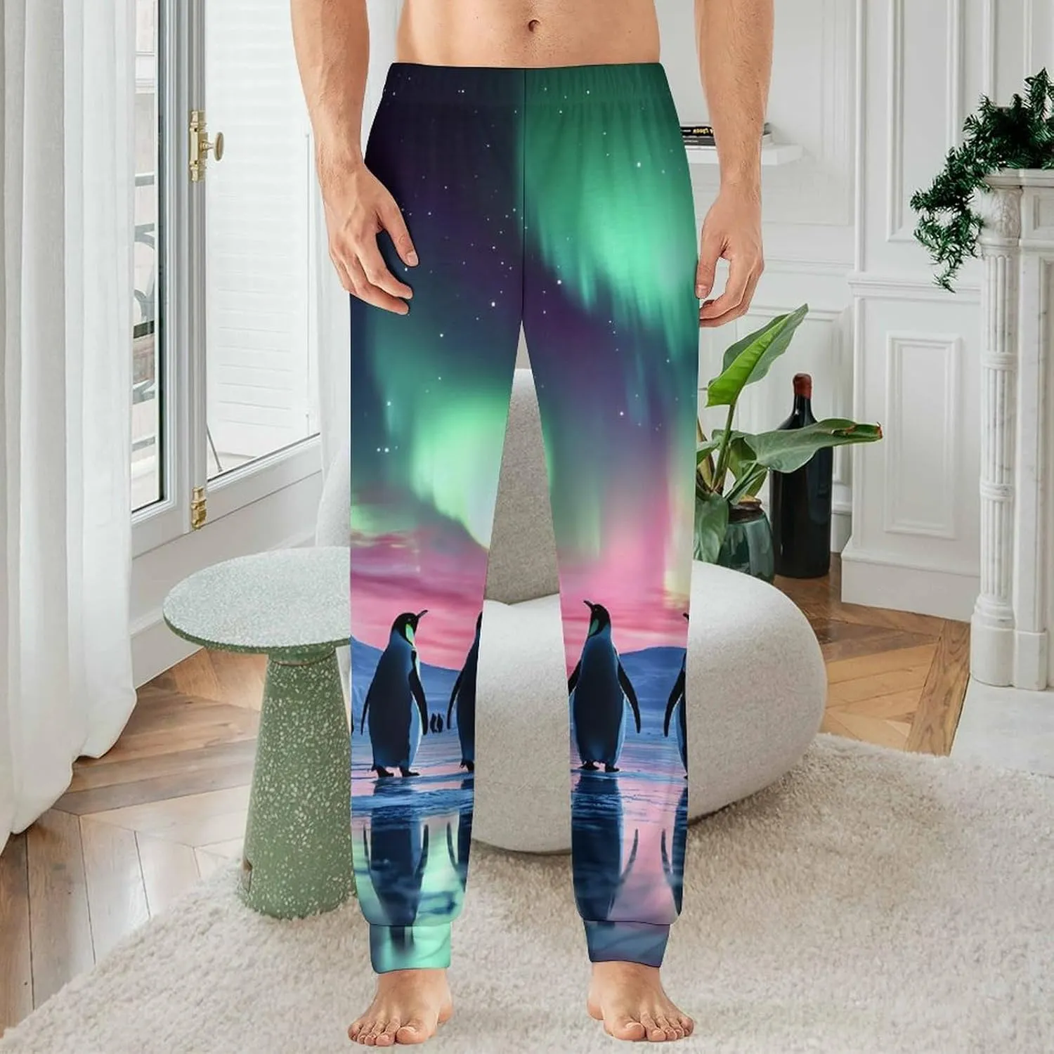 Aurora Borealis Cute Penguin Men's Pajama Pants Soft Lounge Bottoms Casual Sleepwear Loungewear