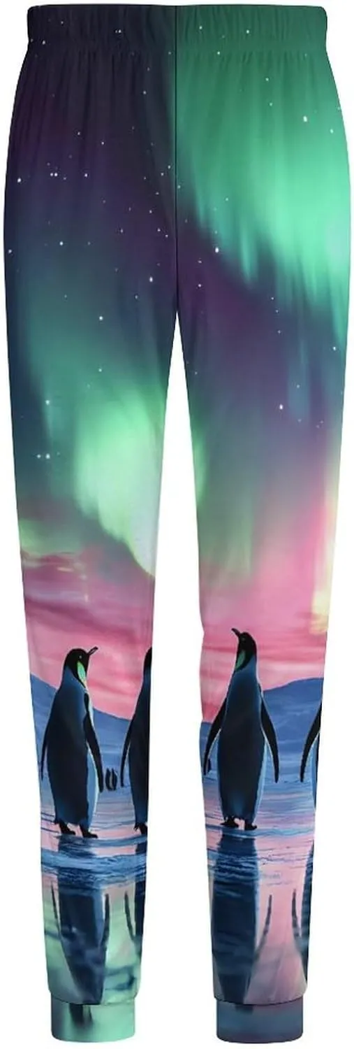 Aurora Borealis Cute Penguin Men's Pajama Pants Soft Lounge Bottoms Casual Sleepwear Loungewear