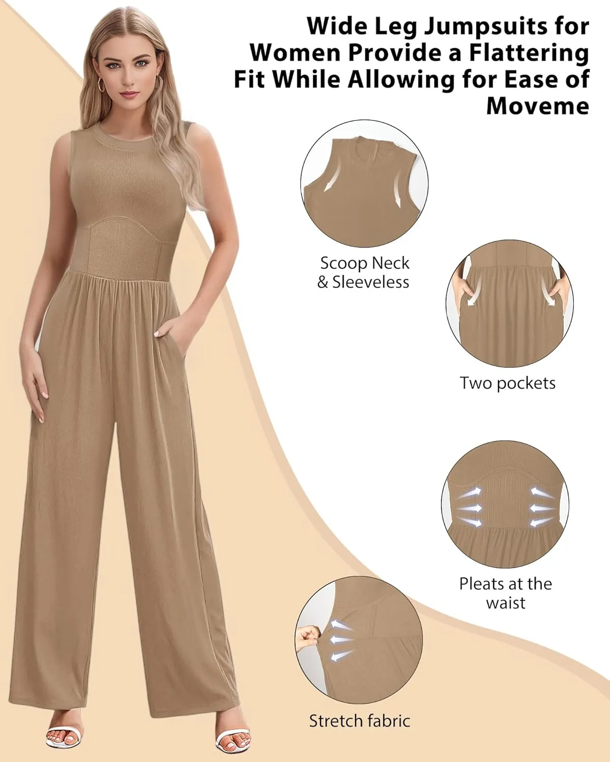 AURUZA Jumpsuits for Women, Sleeveless Crew Neck Jumpsuits for Women Casual One Piece Outfit Wide Leg Long Pants Rompers 2024