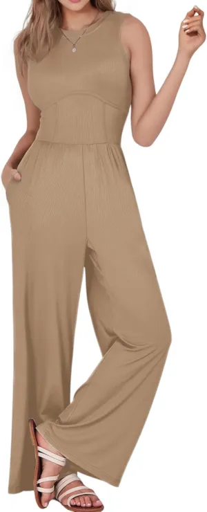 AURUZA Jumpsuits for Women, Sleeveless Crew Neck Jumpsuits for Women Casual One Piece Outfit Wide Leg Long Pants Rompers 2024