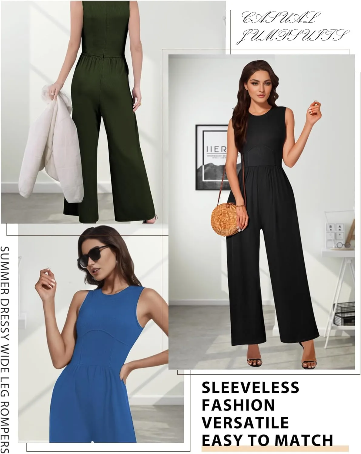 AURUZA Jumpsuits for Women, Sleeveless Crew Neck Jumpsuits for Women Casual One Piece Outfit Wide Leg Long Pants Rompers 2024