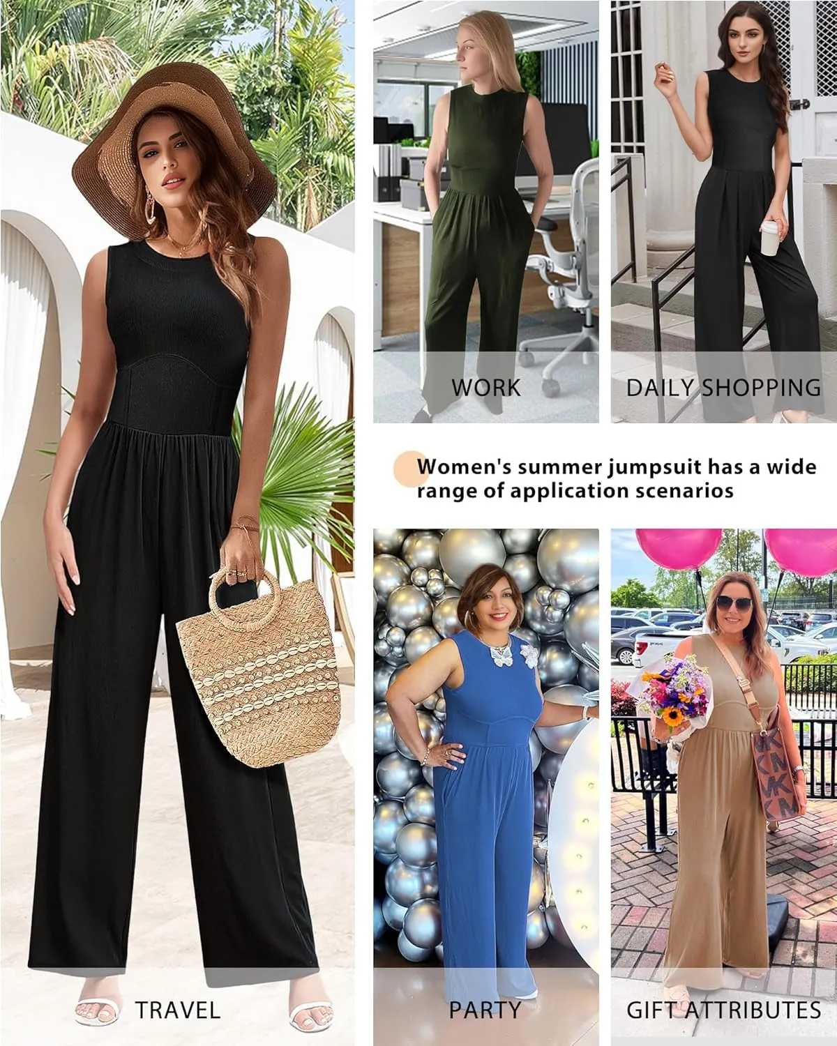 AURUZA Jumpsuits for Women, Sleeveless Crew Neck Jumpsuits for Women Casual One Piece Outfit Wide Leg Long Pants Rompers 2024