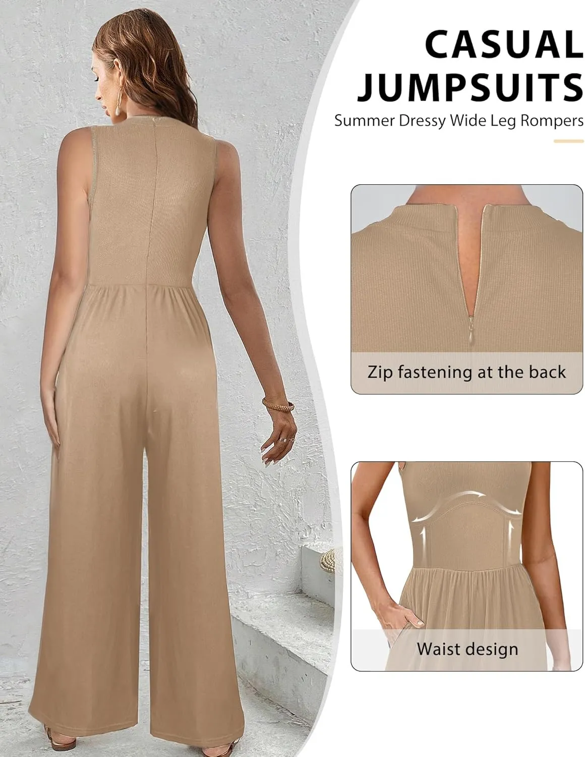 AURUZA Jumpsuits for Women, Sleeveless Crew Neck Jumpsuits for Women Casual One Piece Outfit Wide Leg Long Pants Rompers 2024