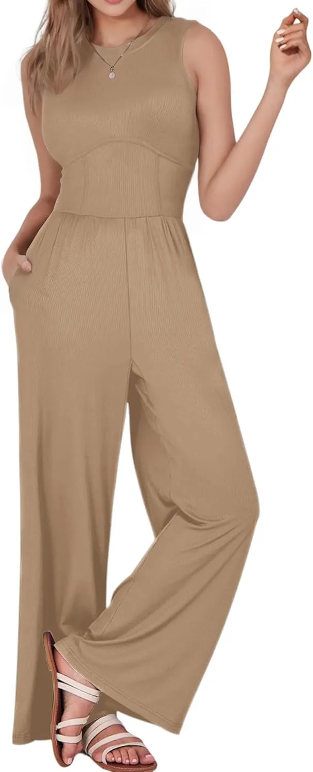 AURUZA Jumpsuits for Women, Sleeveless Crew Neck Jumpsuits for Women Casual One Piece Outfit Wide Leg Long Pants Rompers 2024