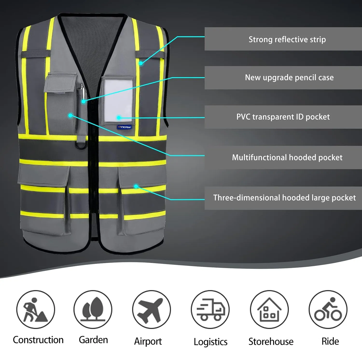 AYKRM Custom Logo Personalised Printed High Visibility Reflective 2 two tone work construction Safety Vest