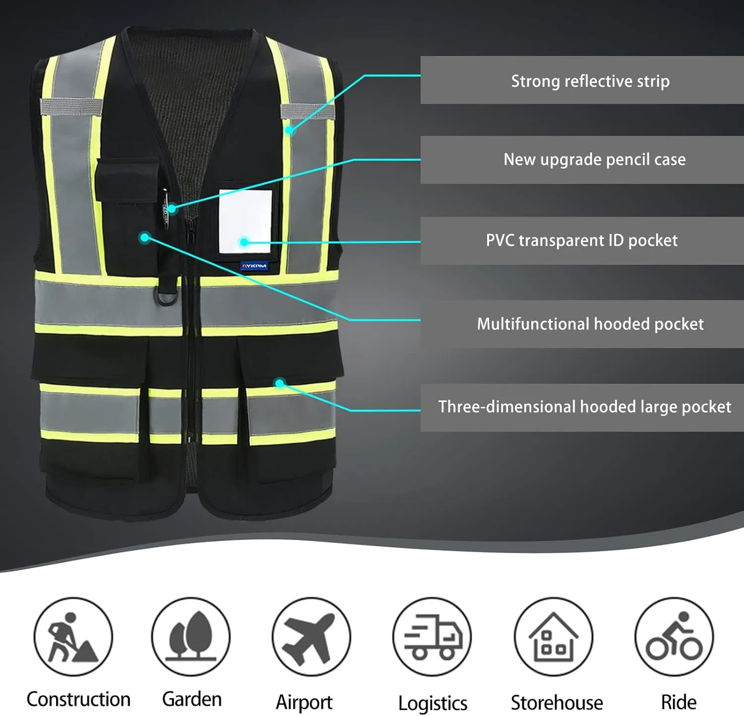 AYKRM Custom Logo Personalised Printed High Visibility Reflective 2 two tone work construction Safety Vest