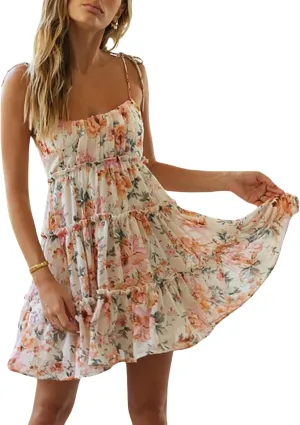 BAIMORE Women's Boho Floral Mini Dress Spaghetti Strap Backless Ruffle Tiered Flowy Beach Dress