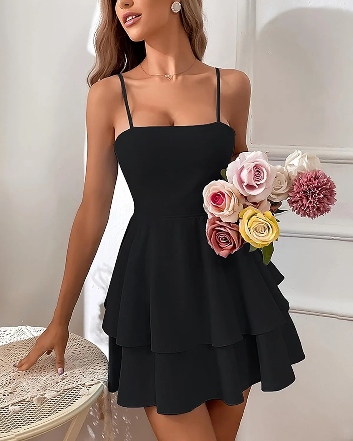 BAIMORE Women's Chic Solid Low Cut Spaghetti Strap Backless Bow Tiered Ruffle Mini Dress
