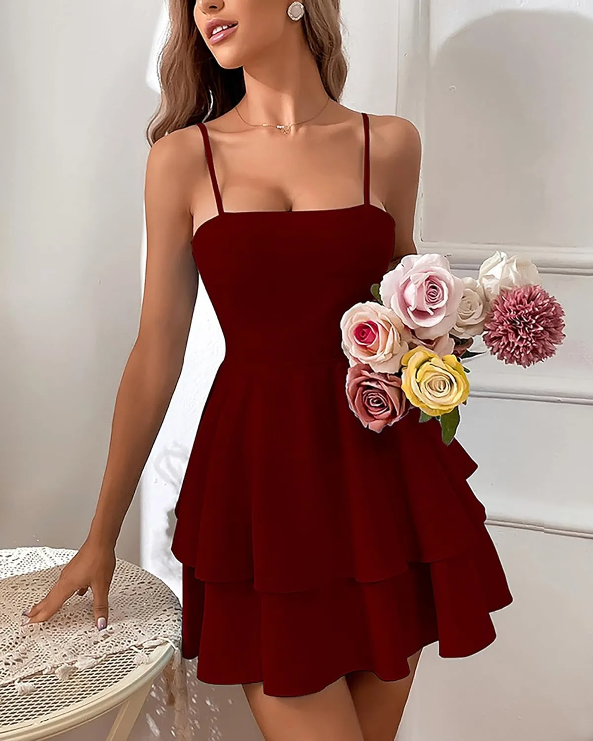 BAIMORE Women's Chic Solid Low Cut Spaghetti Strap Backless Bow Tiered Ruffle Mini Dress