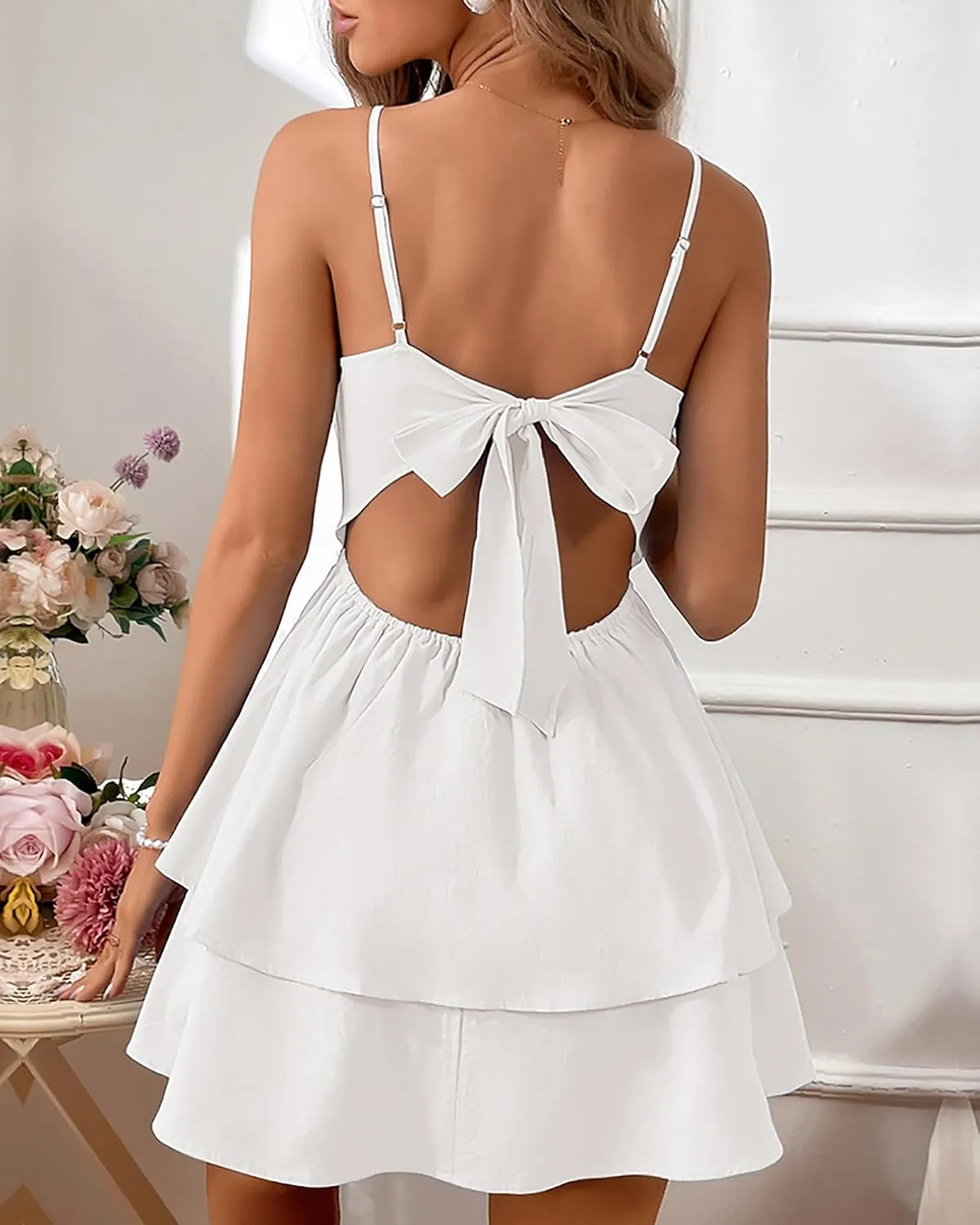 BAIMORE Women's Chic Solid Low Cut Spaghetti Strap Backless Bow Tiered Ruffle Mini Dress