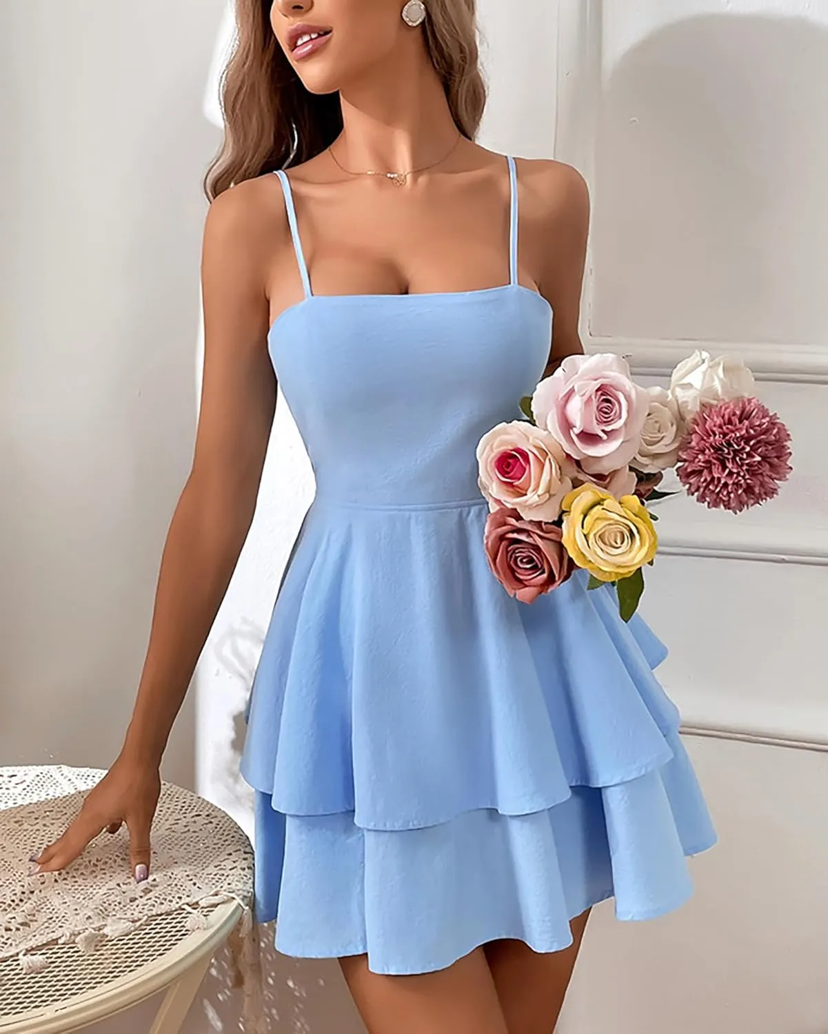 BAIMORE Women's Chic Solid Low Cut Spaghetti Strap Backless Bow Tiered Ruffle Mini Dress