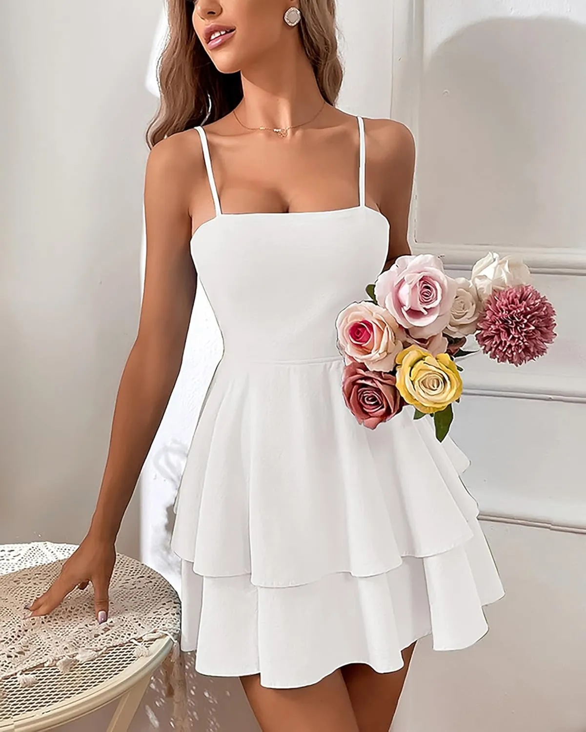 BAIMORE Women's Chic Solid Low Cut Spaghetti Strap Backless Bow Tiered Ruffle Mini Dress