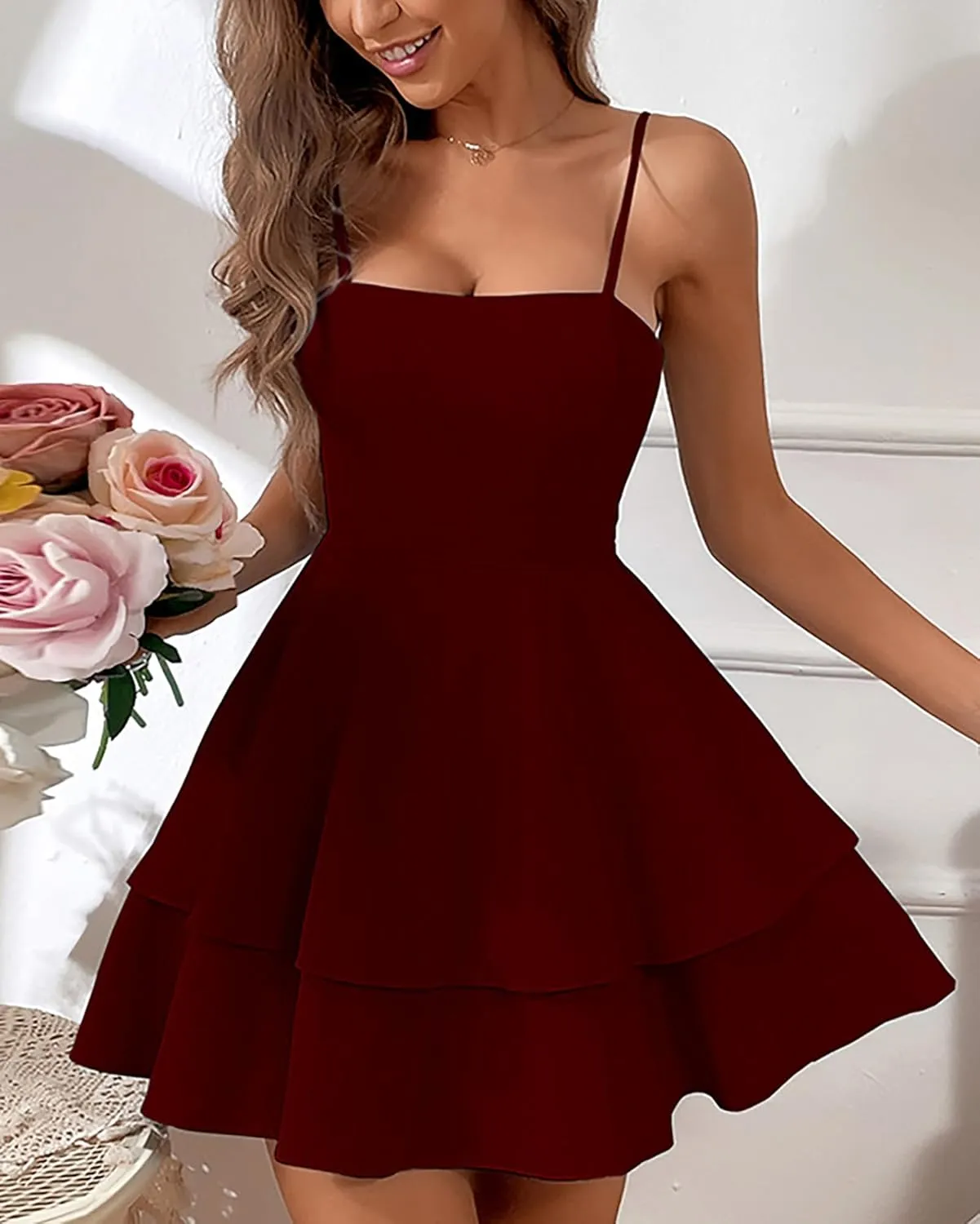 BAIMORE Women's Chic Solid Low Cut Spaghetti Strap Backless Bow Tiered Ruffle Mini Dress