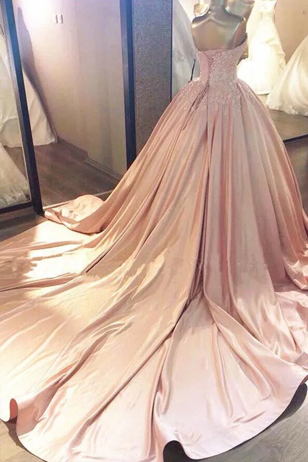 Ball Gown Pink Sweetheart Lace Prom Formal Dress With Court Train TP1074