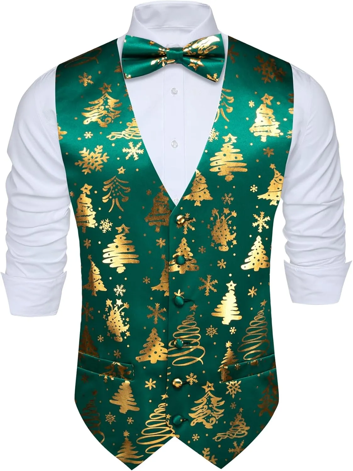 Barry.Wang Mens Christmas Vest Red Green Xmas Tree Snowman Snowflake Festival Suit Waistcoat Bow Tie Set Holiday