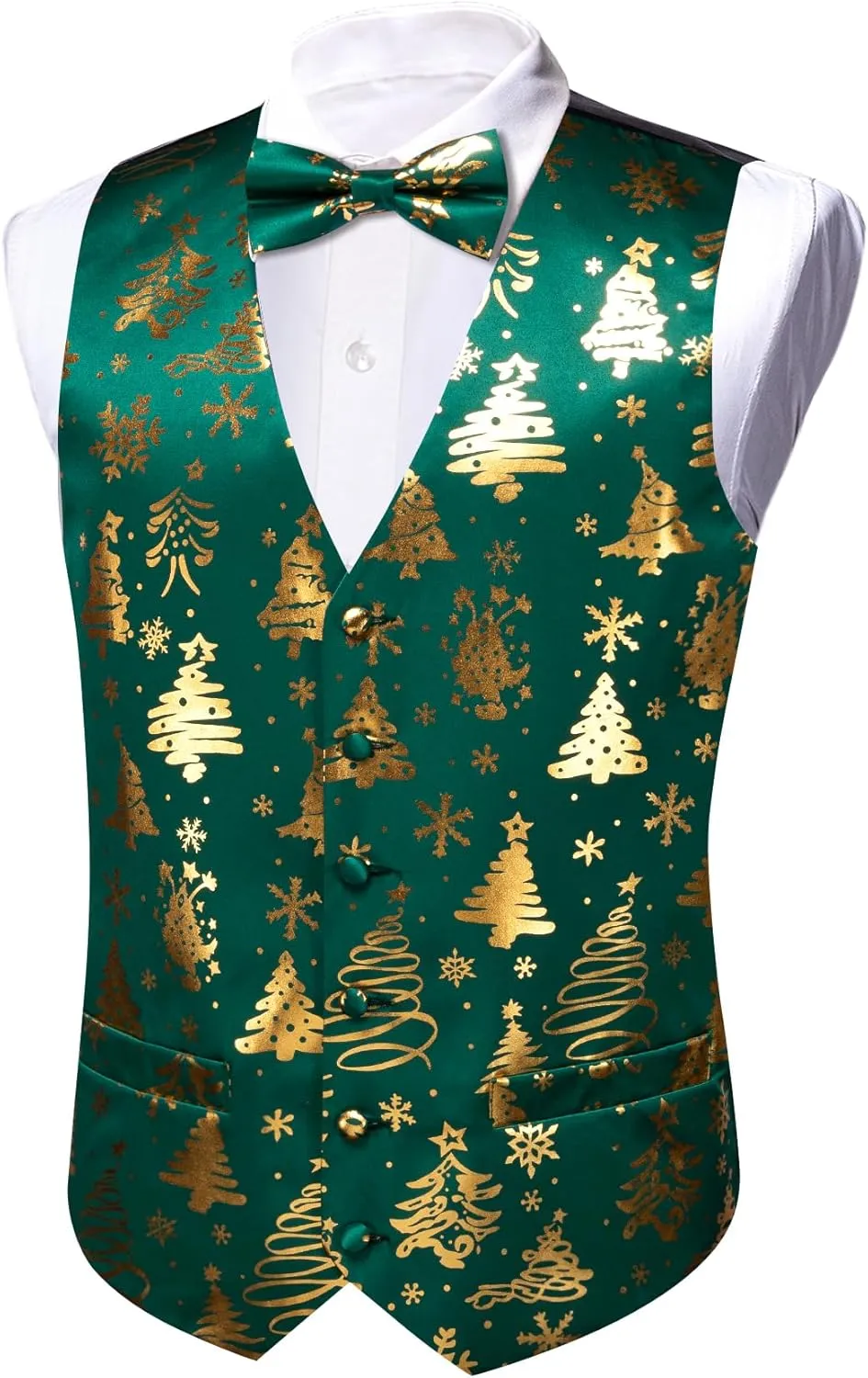 Barry.Wang Mens Christmas Vest Red Green Xmas Tree Snowman Snowflake Festival Suit Waistcoat Bow Tie Set Holiday