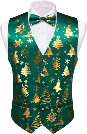 Barry.Wang Mens Christmas Vest Red Green Xmas Tree Snowman Snowflake Festival Suit Waistcoat Bow Tie Set Holiday