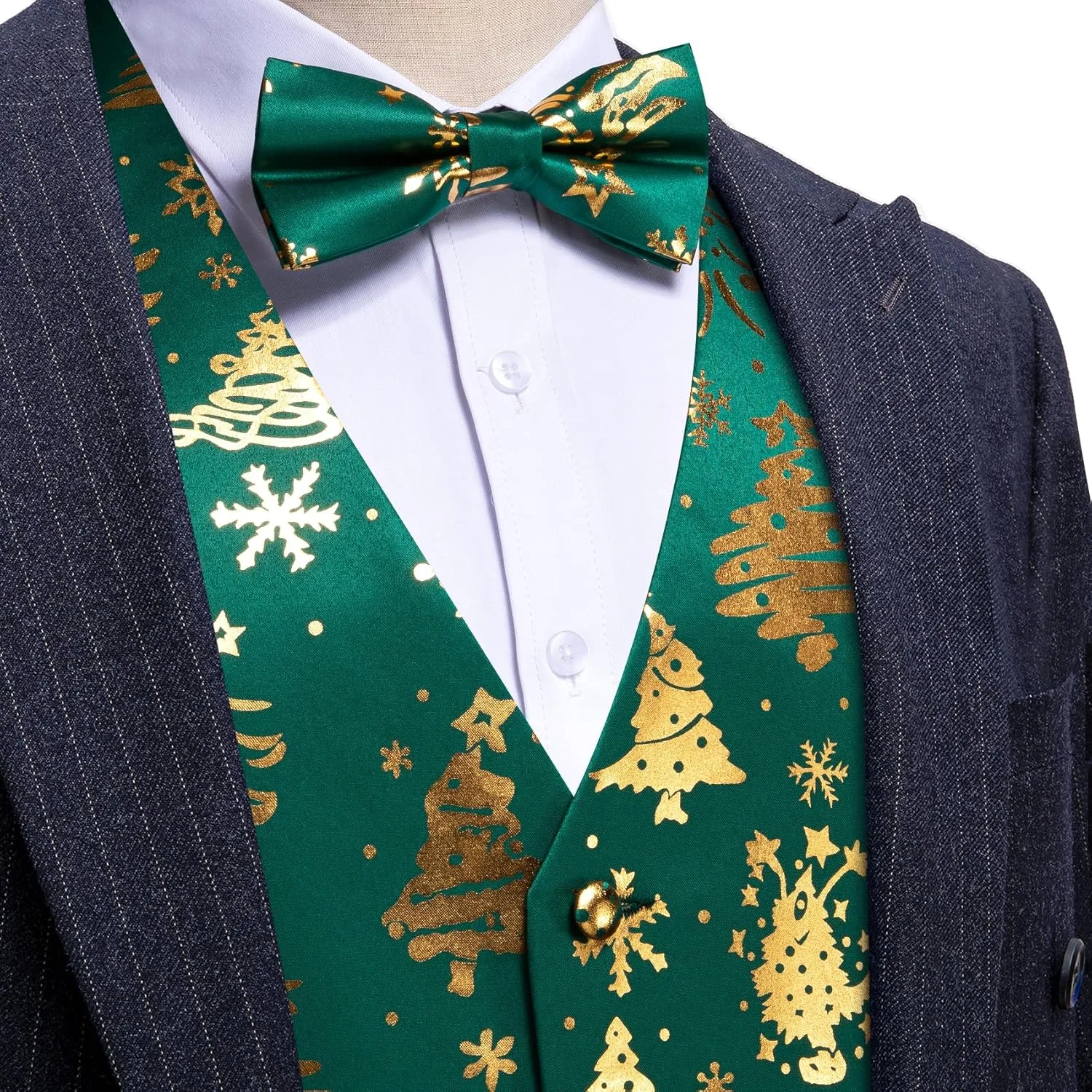 Barry.Wang Mens Christmas Vest Red Green Xmas Tree Snowman Snowflake Festival Suit Waistcoat Bow Tie Set Holiday