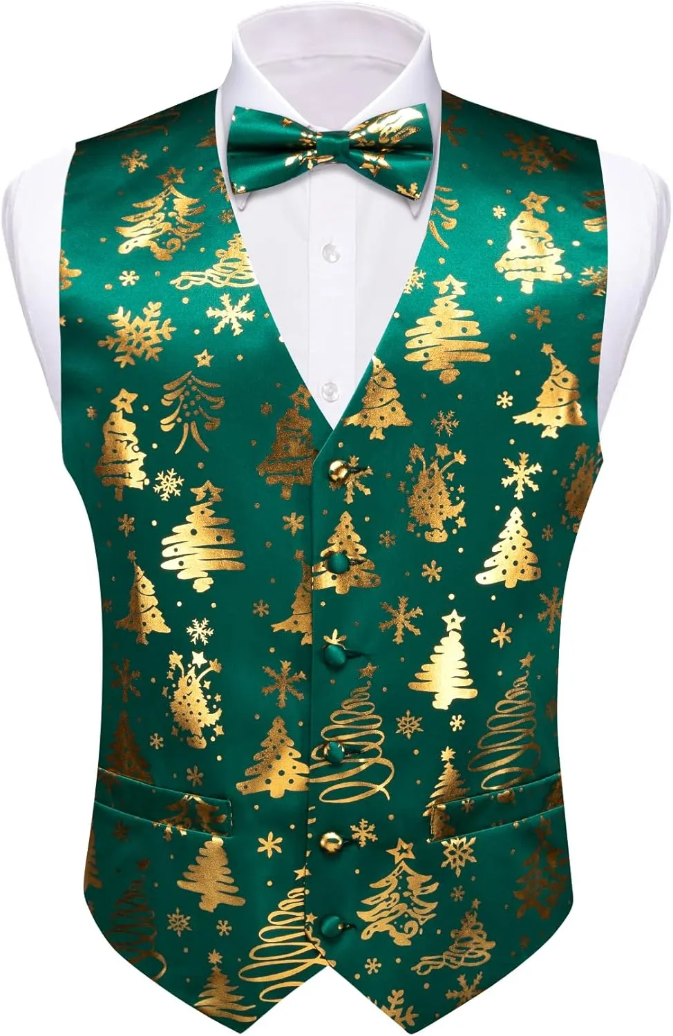 Barry.Wang Mens Christmas Vest Red Green Xmas Tree Snowman Snowflake Festival Suit Waistcoat Bow Tie Set Holiday