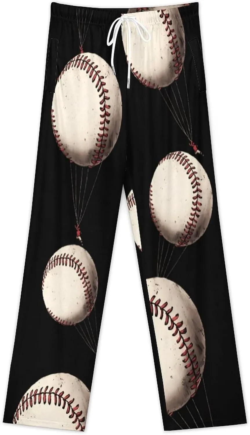 Baseball Hot Air Balloon Mens Pajama Pants Wide Leg Sleep Pants Lightweight Sleepwear Long Bottoms