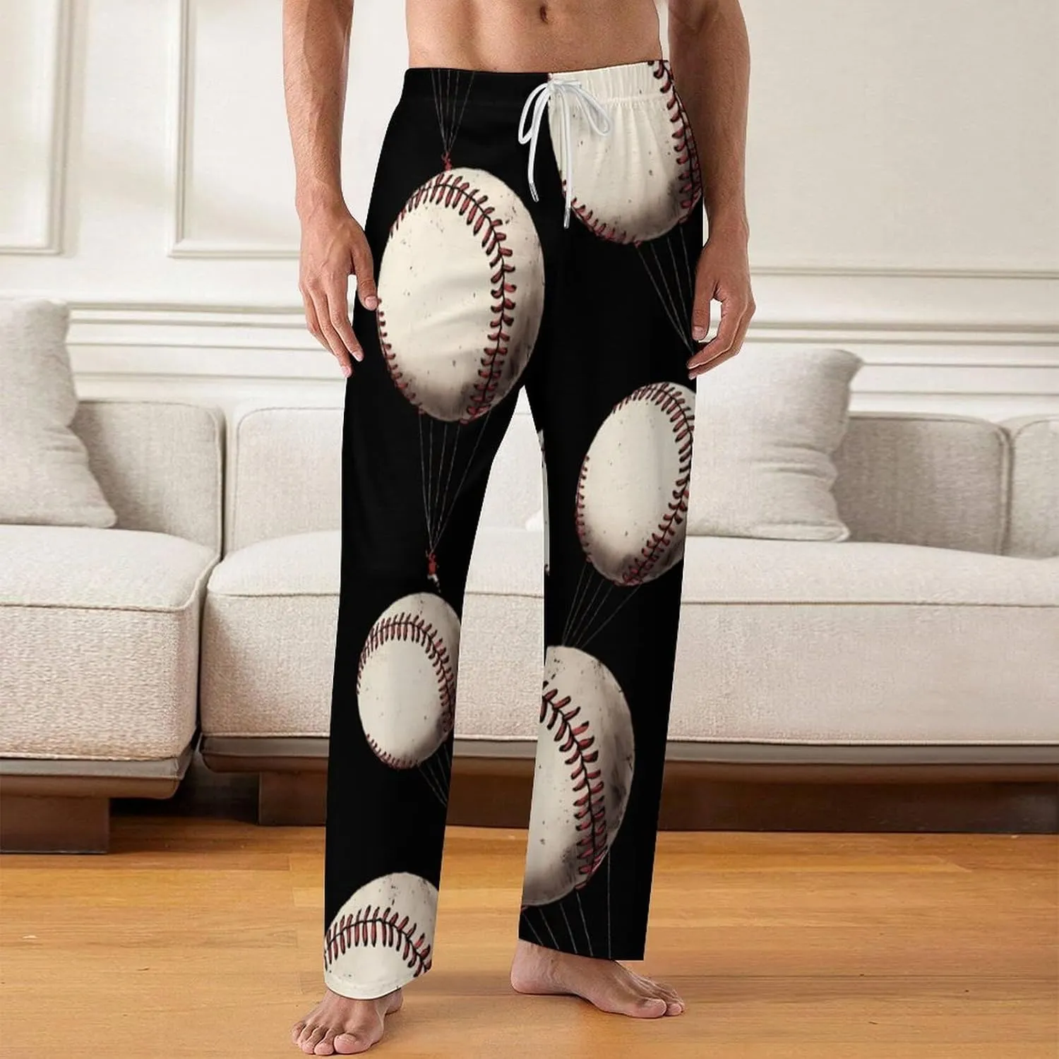 Baseball Hot Air Balloon Mens Pajama Pants Wide Leg Sleep Pants Lightweight Sleepwear Long Bottoms
