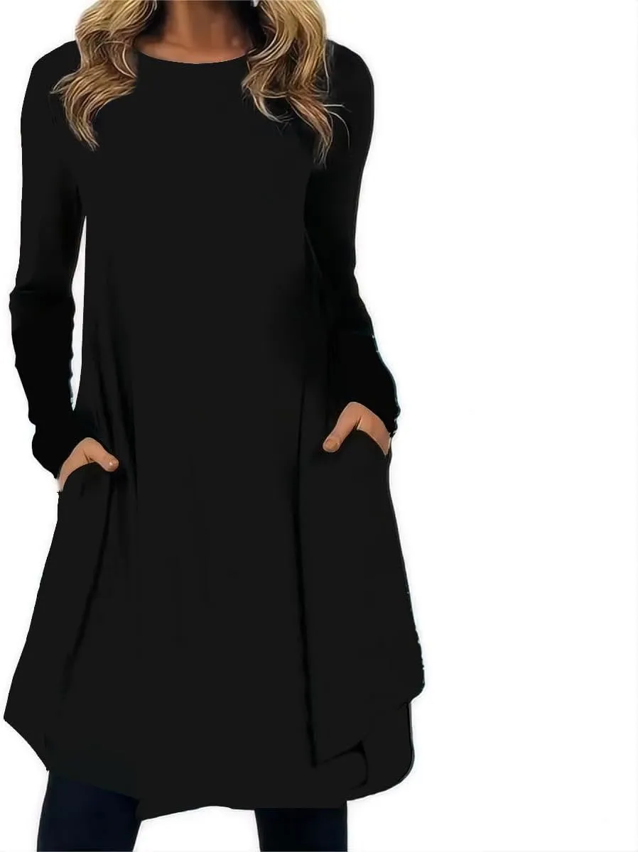 BIRW Women's Plus Size Casual Long Sleeve Crew Neck Vintage Printed T Shirt Dress Pullover Loose Swing Midi Dress with Pockets Size 2XL Black