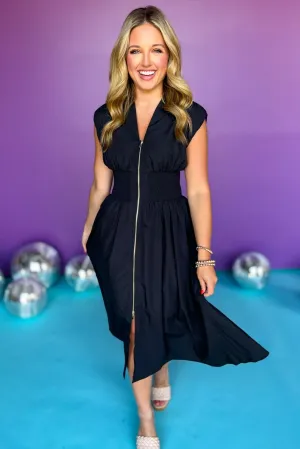 Black V Neck Zipper Front Smocked Waist Midi Dress *FINAL SALE*