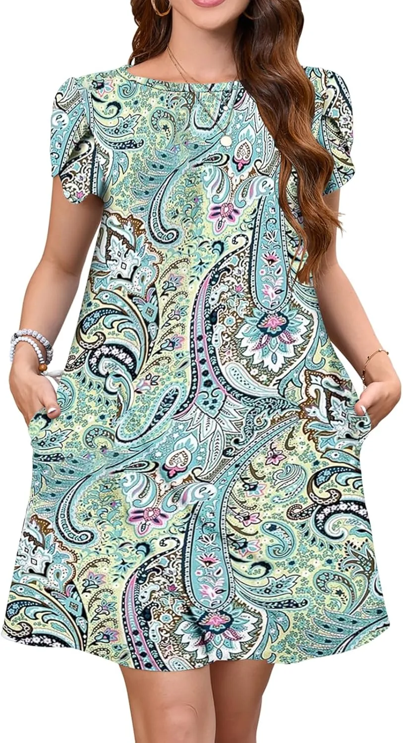 Bluetime Summer Dresses for Women 2025 Beach Boho Sundress Short Sleeve Pockets Loose Casual Tshirt Dress