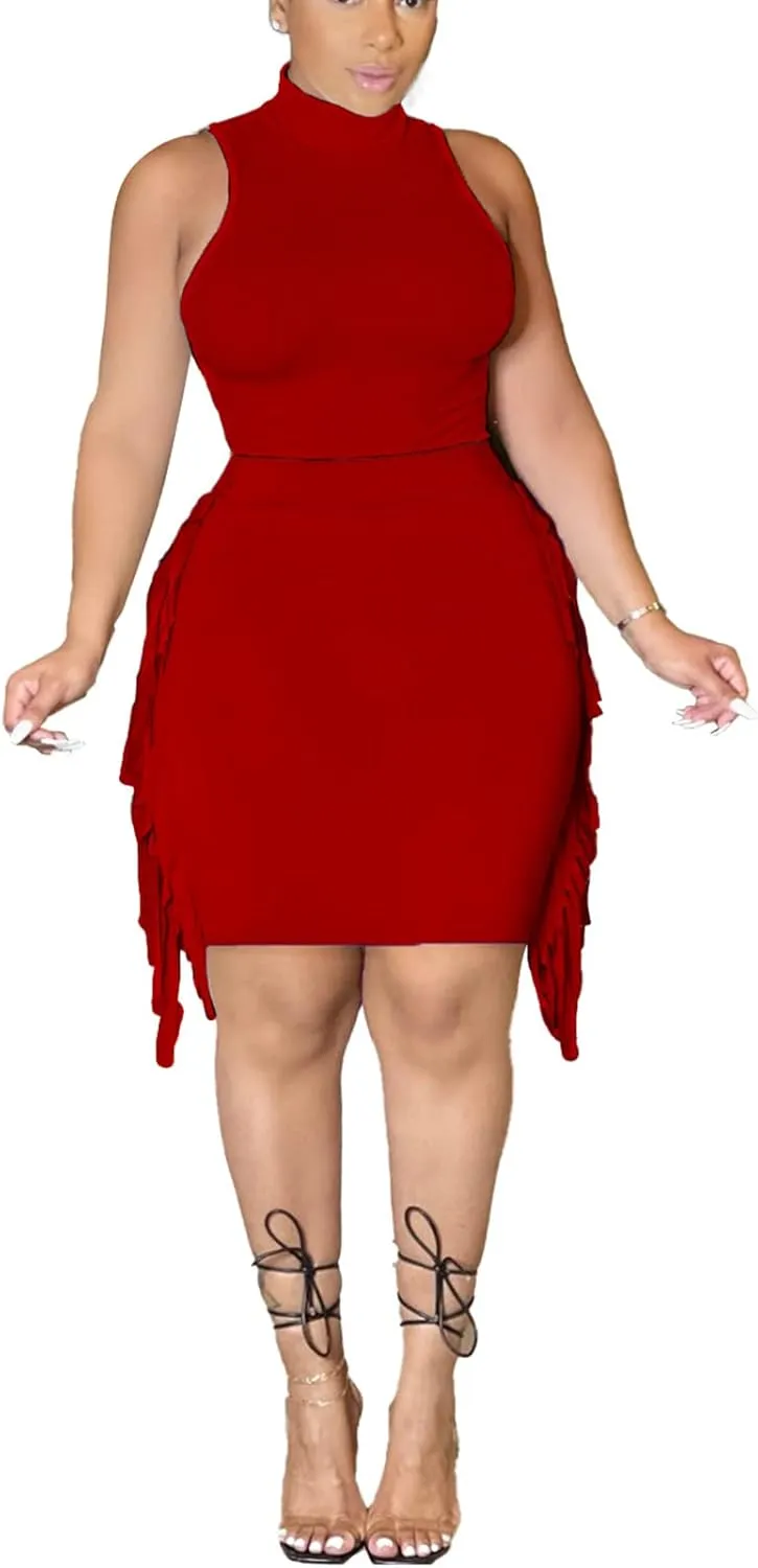 Bluewolfsea Women Casual 2 Piece Outfits Bodycon Dress Summer Sleeveless Tank Tops Side Tassel Midi Skirt Set